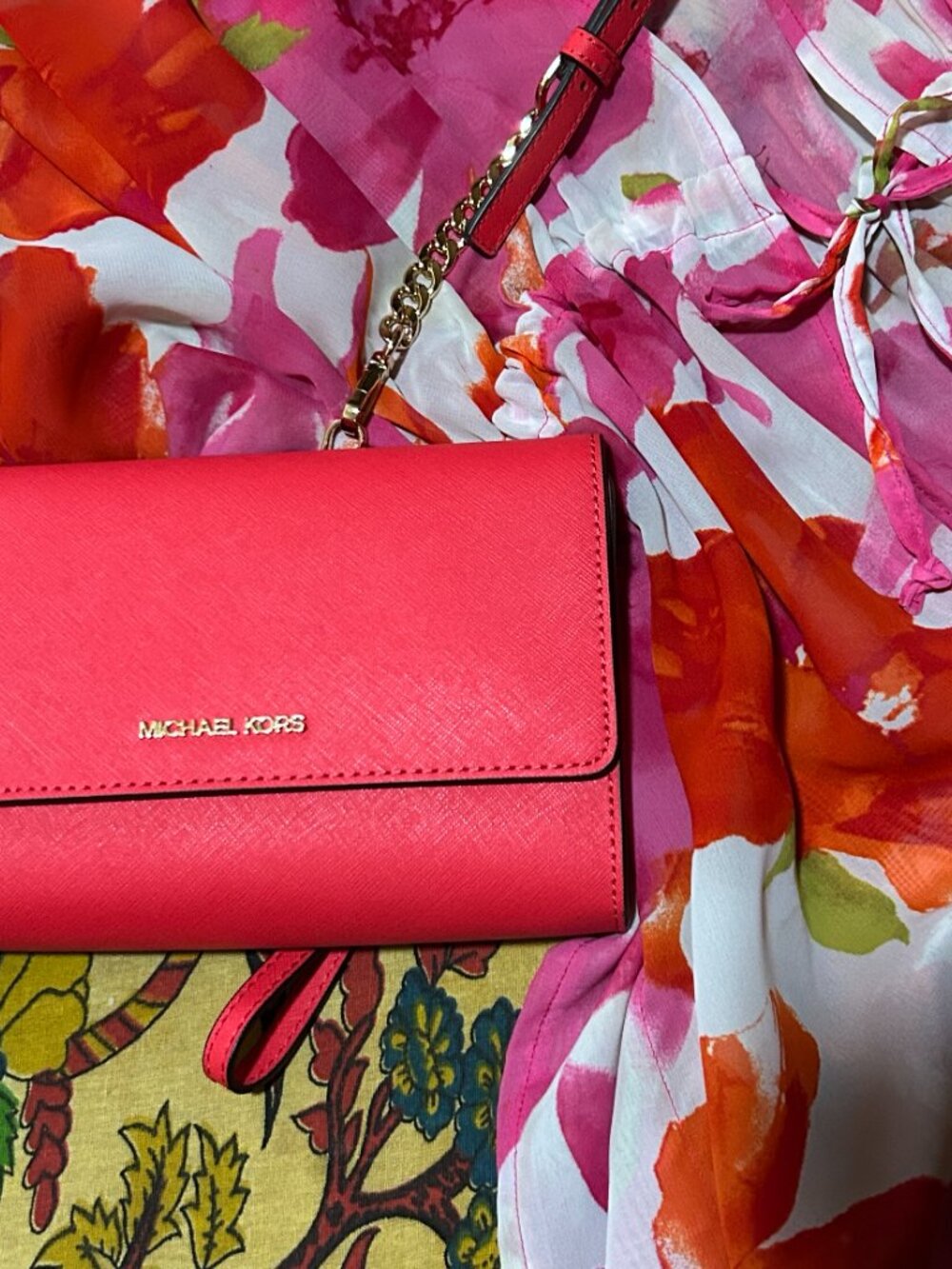Michael Kors Leather Shoulder Crossbody Coral Bag with Chain and Wallet Insert